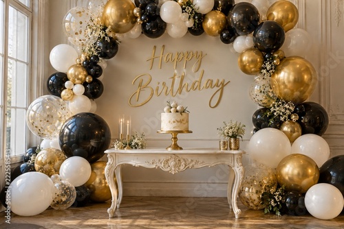 Elegant birthday display with white table and black white gold balloons