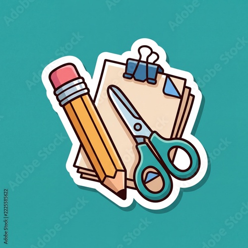 White Line Office Supply Icons on Teal Background Cartoon Style