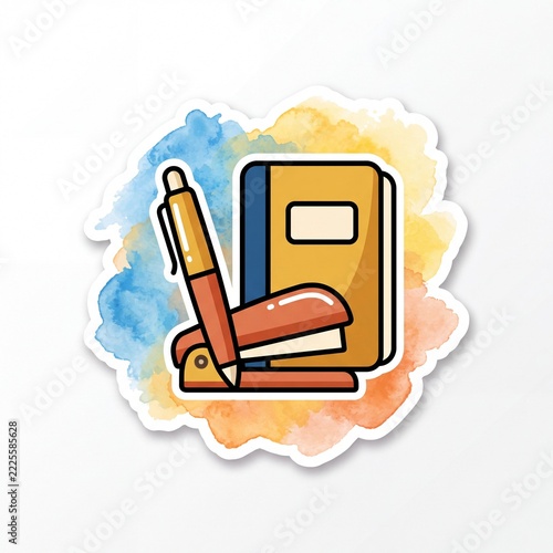 Watercolor Splash Background with Black Line Office Supply Icons