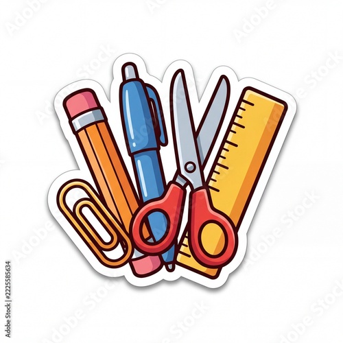 Wide-Angle Cartoon Style Office Supply Line Icon Set Floating