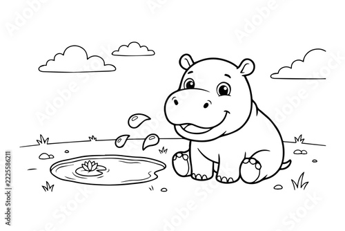 Cute baby hippo sitting by a pond with water lily, black and white coloring page illustration for children