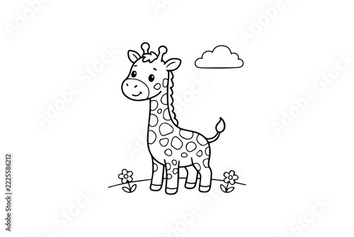 Cute Baby Giraffe Coloring Page for Kids with Flowers and Cloud, Simple Black and White Vector Line Art Illustration