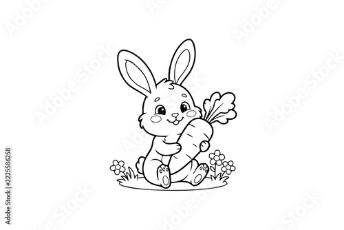 Cute Bunny Holding Carrot Line Art Illustration for Kids Coloring Book Page on White Background