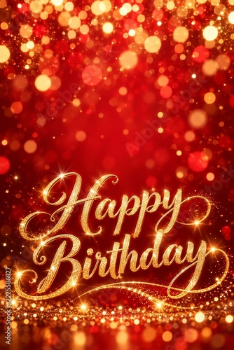 Sparkling gold birthday lettering on red background with glowing glitter