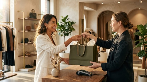 A smiling woman receiving a shopping bag from a store clerk at a checkout counter
