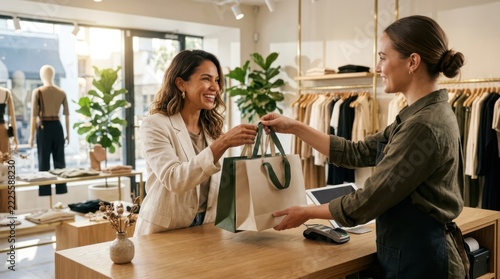 A smiling customer receiving shopping bags from a store clerk at a clothing boutique