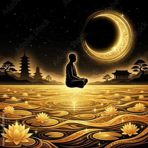 Golden Silhouette of Meditating Monk Under Glowing Crescent Moon