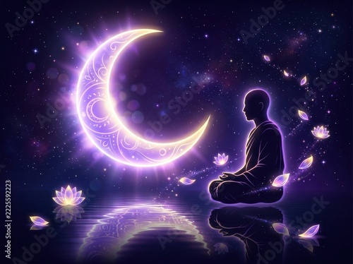 Meditating Monk Silhouette Under Glowing Purple Crescent Moon
