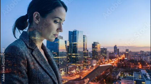 Double Exposure of Focused Businesswoman Holding Digital Tablet Over Illuminated Cityscape at Dusk