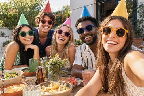 Friends in colorful party hats and round sunglasses taking an outdoor selfie