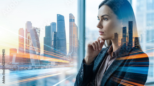 Double Exposure of Pensive Businesswoman Looking Out Office Window Over Modern City Skyline