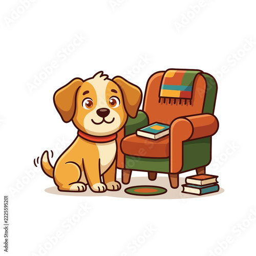 Cute Cartoon Dog Sitting Beside A Cozy Reading Chair With Books