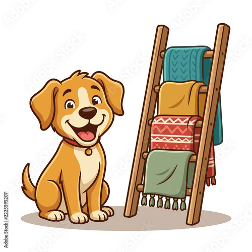 Cute Cartoon Dog Sitting Beside a Wooden Ladder with Colorful Blankets
