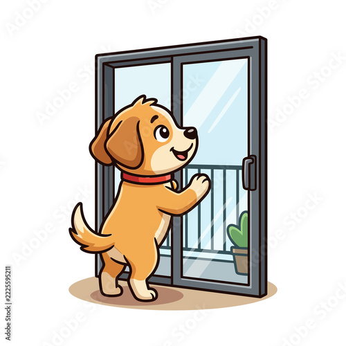 Cute Puppy Looking Out Glass Balcony Door Illustration