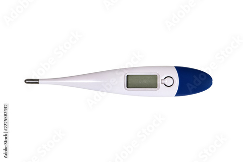 Digital medical thermometer with LCD display and blue tip isolated on a transparent background