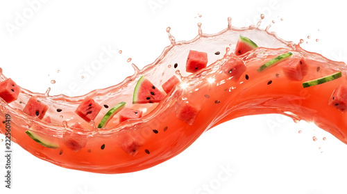 Watermelon Juice Splash with Fresh Fruit Slices Isolated on White Background for Refreshing Summer Beverage Promotion