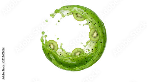Kiwi Fruit Slices with Fresh Green Juice Splash Isolated on White Background for Healthy Food Advertising
