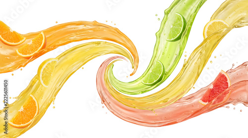 Citrus Fruit Juice Splash with Orange, Lime, Lemon, and Grapefruit Slices on White Background