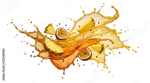 Pineapple and passion fruit splashing in liquid, dynamic fruit explosion isolated on white background, 3D render for healthy food advertising