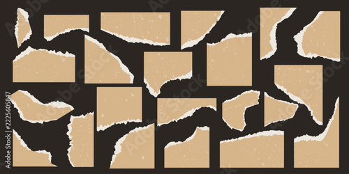Beige Torn Paper Pieces Collection with Distressed Texture, Rough Ripped Edges and Vintage Scrapbook Collage Elements
