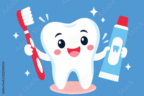 Cute Smiling Tooth with Toothbrush and Toothpaste Flat Vector Illustration
