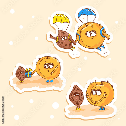 Cute kawaii peach and peach pit friends sticker set with parachutes, gift and friendship emotions, hand drawn cartoon illustration