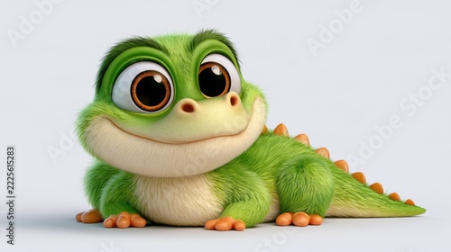 Adorable green baby crocodile with soft fur, huge glossy eyes, cream belly, orange toes, and colorful back spikes in a charming digital illustration