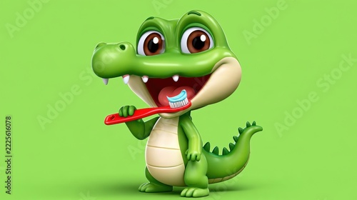 Green 3D cartoon crocodile brushing its teeth with a red toothbrush, smiling with glossy brown eyes and blue toothpaste foam, isolated character illustration