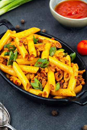 Pasta with ground meat and spices