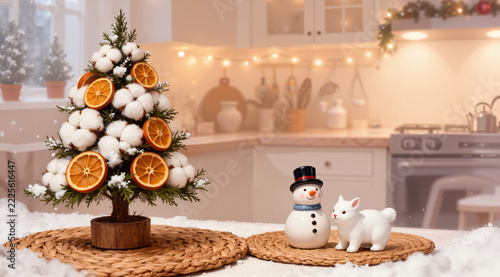Whimsical charming illustration of a winter scene with a decorated mini tree, ceramic snowman, and animal figurine. Cozy kitchen background. Holiday decor.
