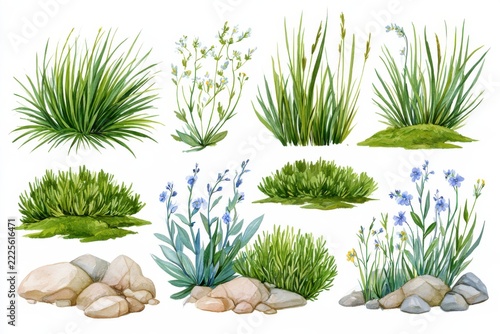 Hand painted collection of green grasses, moss, shrubs, blue flowers, yellow blossoms and rocks arranged as separate natural landscape elements on white background