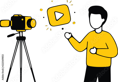 Male Vlogger Recording Video With Camera On Tripod