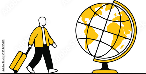 Traveler With Suitcase Walking Towards World Globe