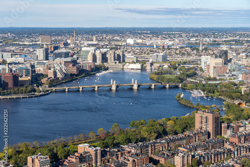 Panoramic aerial view of the Charles River and the Longfellow Bridge connecting Boston and Cambridge, Massachusetts, USA