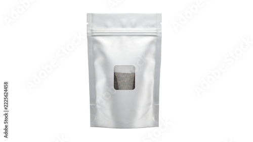 Silver stand up pouch with clear window displaying granular product during studio lighting for food packaging concepts