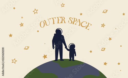 Astronaut Parent and Child Silhouette Flat Vector Illustration of Outer Space Exploration and Astronomy Concept