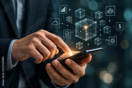 Suited person using smartphone beneath connected wireframe business cubes