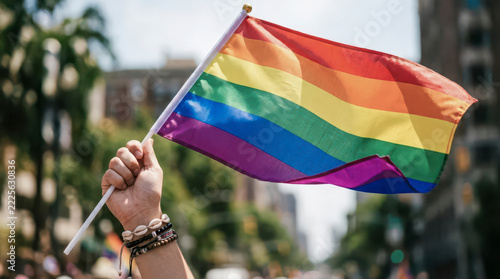Person holding lgbtq+ rainbow flag during pride parade
