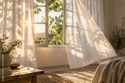 Sheer white curtains billow beside an open window in warm morning light