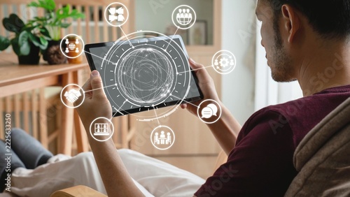 Obraz na plátně People networking and digital community with teamwork, partnership, collaboration and connection icons showing modern communication and relationship building