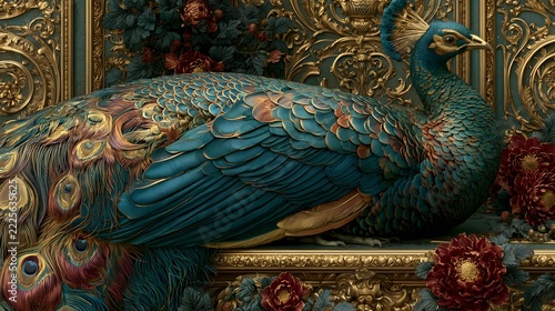 Ornate baroque gilded scrollwork with flowers and shell motif