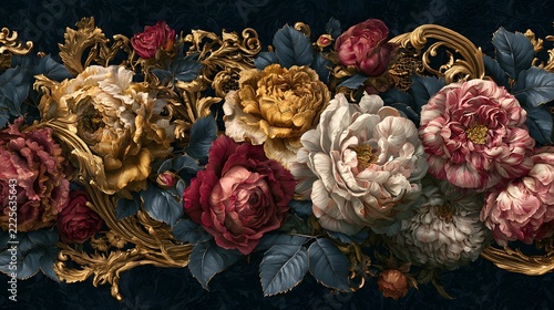 Ornate baroque gilded scrollwork with flowers and shell motif