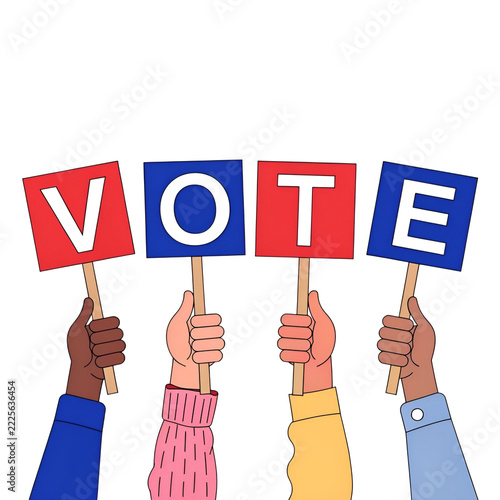 Hands holding vote signs election campaign political rally democracy and voting concept flat vector illustration isolated on transparent background