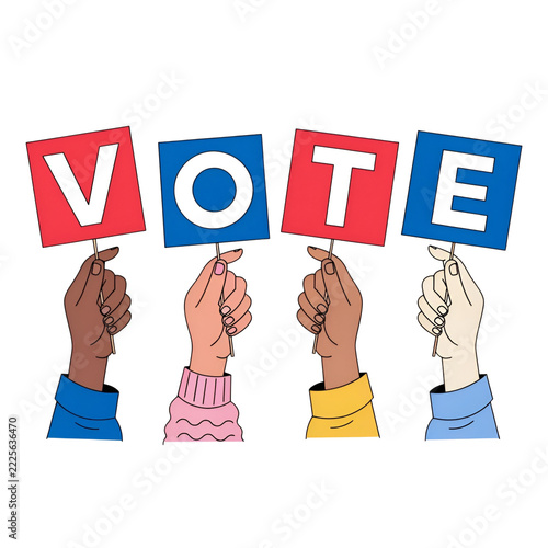 Hands holding vote signs election campaign political rally democracy and voting concept flat vector illustration isolated on transparent background