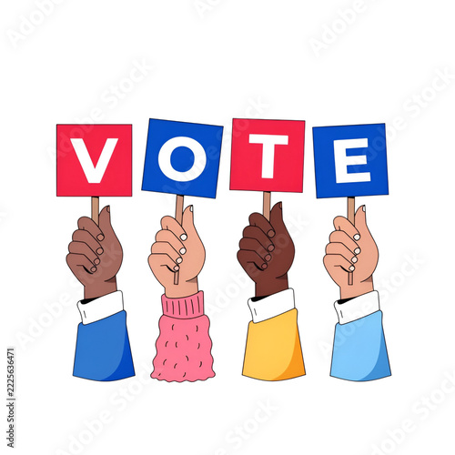 Hands holding vote signs election campaign political rally democracy and voting concept flat vector illustration isolated on transparent background