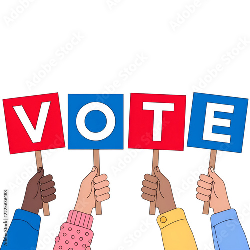 Hands holding vote signs election campaign political rally democracy and voting concept flat vector illustration isolated on transparent background