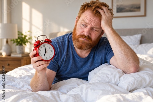 Sleepy Bearded Man Holding Red Alarm Clock in Bright Morning Bedroom