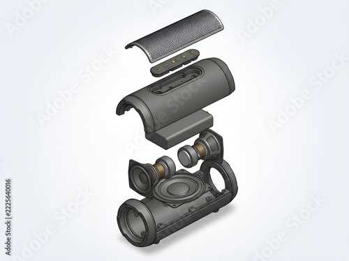 Disassembled wireless speaker showing internal acoustic components and structural parts arranged in an exploded isometric view for engineering.