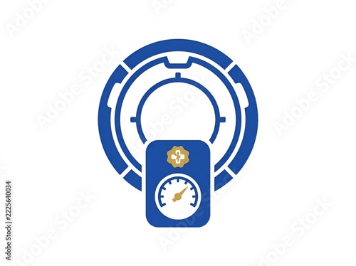 Industrial pressure gauge instrument integrated with a complex circular machinery diagram depicted in vibrant blue and gold graphic symbols.