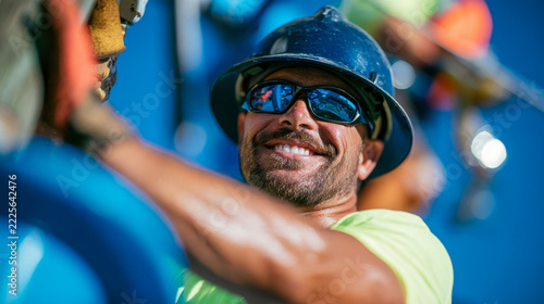 A smiling utility worker in a yellow helmet, reflective vest and gloves handles overhead cables beside a pole against a clear blue sky